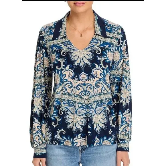 Johnny Was Plus 3x The Janie Favorite Puff Sleeve Polo Tee T-Shirt Roman Paisley